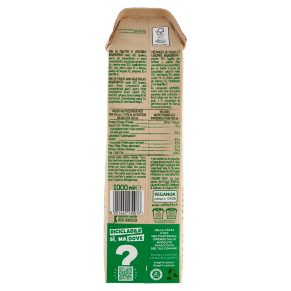 Valfrutta 100% Frullato Veggie Frutti di Bosco Barbabietola Carota Nera 1000 ml