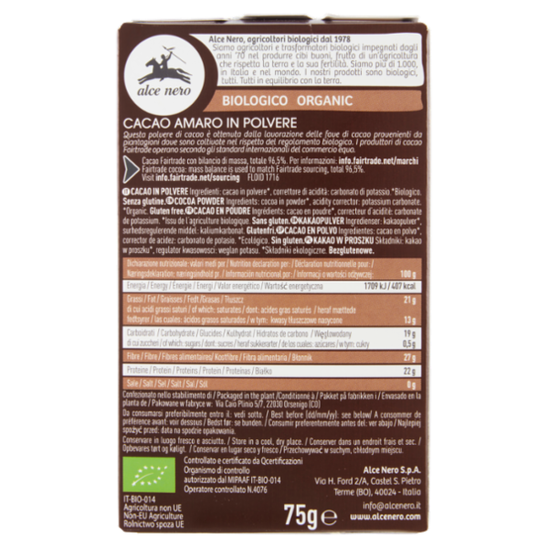 alce nero Cacao in Polvere 75 g