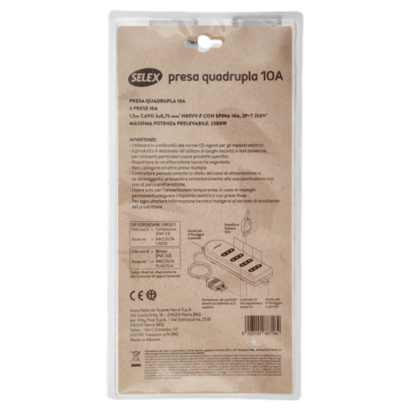 Selex Presa Multipla 4 uscite 10A(Ita)+ Spina 10A e cavo Bianco 1,5m