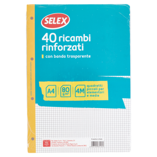 Selex Ricambio Bianco Quaxima Formato A4 40 Fogli Rinforzati 80 g Quadretti 4 mm