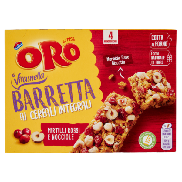 Oro Saiwa Vitasnella Barrette ai cereali integrali Mirtilli Rossi e Nocciole - 4 x 40 g
