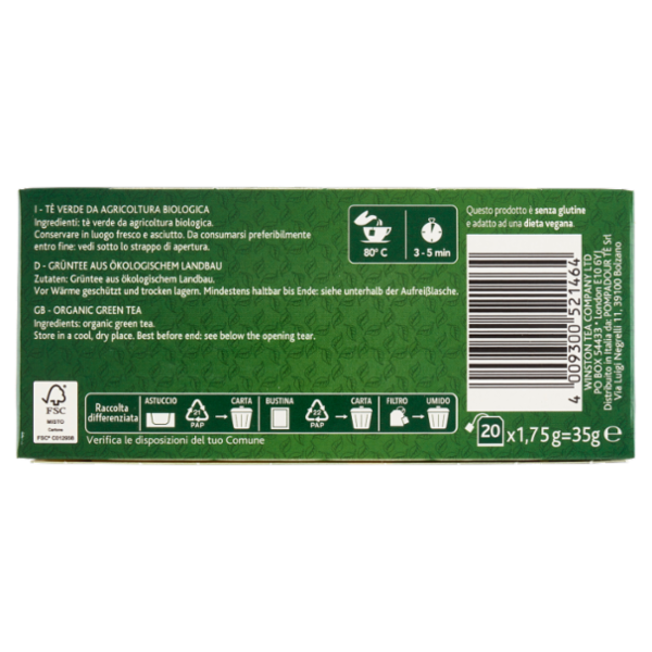 Sir Winston Tea Tè Verde Biologico 20 x 1,75 g