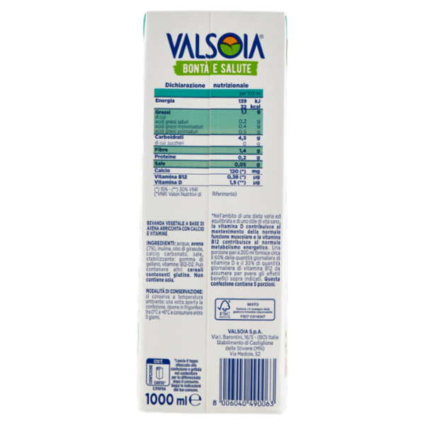 Valsoia Bontà e Salute Bevanda avena zero zuccheri 1000 ml