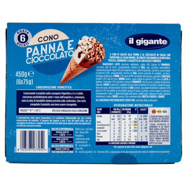 IL GIGANTE Cono Panna e Cioccolato 6 x 75 g