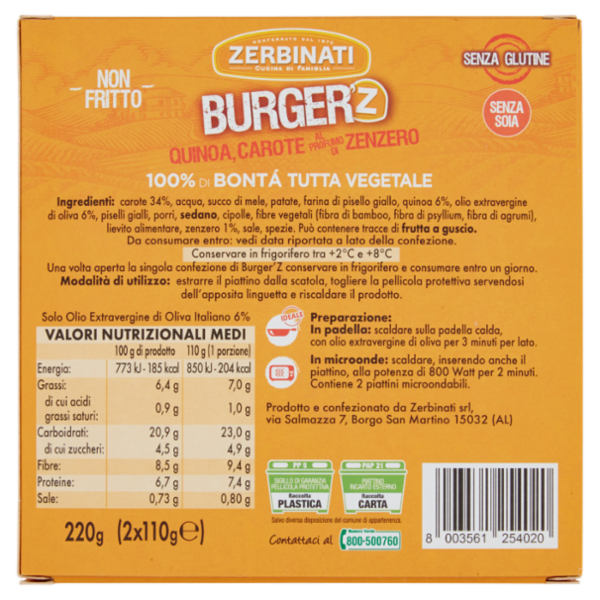 Zerbinati Burger'Z Quinoa, Carote al Profumo di Zenzero 2 x 110 g