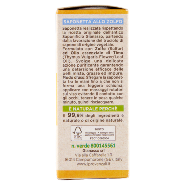 I Provenzali Saponetta Vegetale allo Zolfo per pelli miste, grasse e impure Purificante 100 g