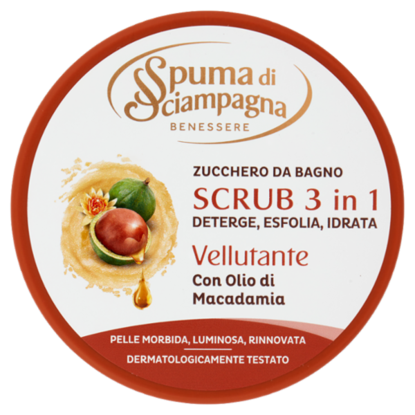Spuma di Sciampagna Benessere Scrub 3 in 1 Vellutante con Olio di Macadamia 250 ml