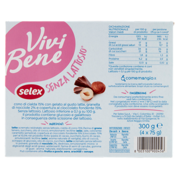 Selex Vivi Bene 4 Coni di Gelato con Latte Delattosato 300 g