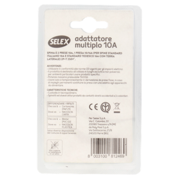 Selex Adattatore Pluristandard Spina 10A + 2 Prese 10A(Ita) + 1 Presa 10-16A(Ted) Nero