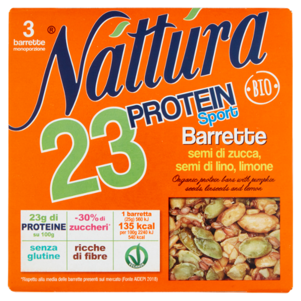 Náttúra 23 Protein Sport Barrette semi di zucca, semi di lino, limone Bio 3 x 25 g