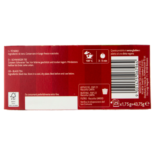 Sir Winston Tea English Breakfast Tè Nero Classico 25 x 1,75 g
