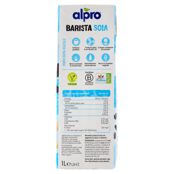 ALPRO Barista Soia, Bevanda 100% Vegetale, Basso Contenuto di grassi, Senza Lattosio, 1 L