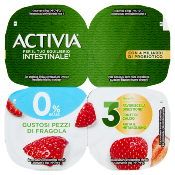 ACTIVIA Yogurt con Probiotico Bifidus, 0% Grassi, gusto Fragola, 4x125g