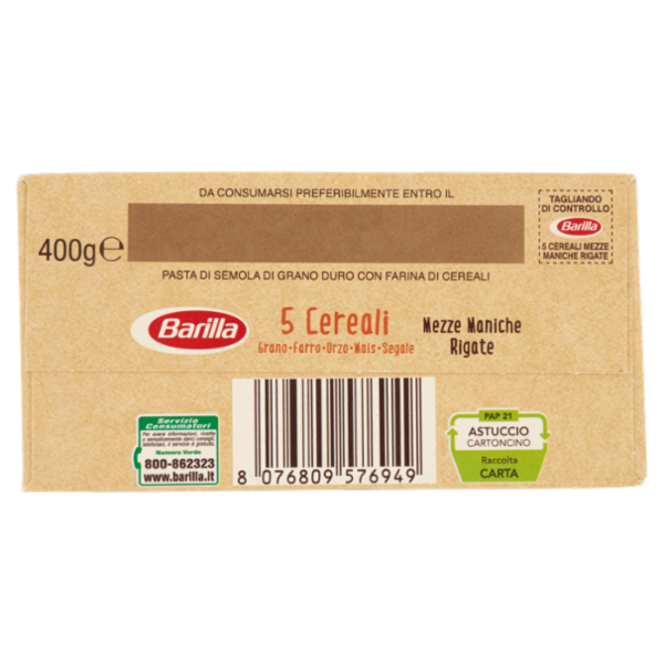 Barilla Pasta 5 Cereali Mezze Maniche Rigate Fonte di fibre 400 g