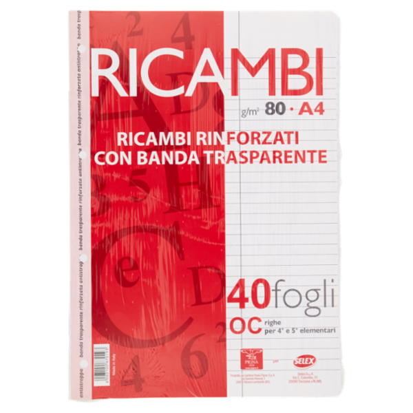 Selex Ricambio Bianco Quaxima Formato A4 40 Fogli Rinforzati 80 g Riga Unica con Margine