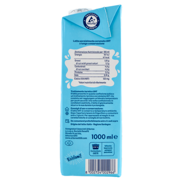 Arborea Latte Parzialmente Scremato UHT a Lunga Conservazione 1000 ml