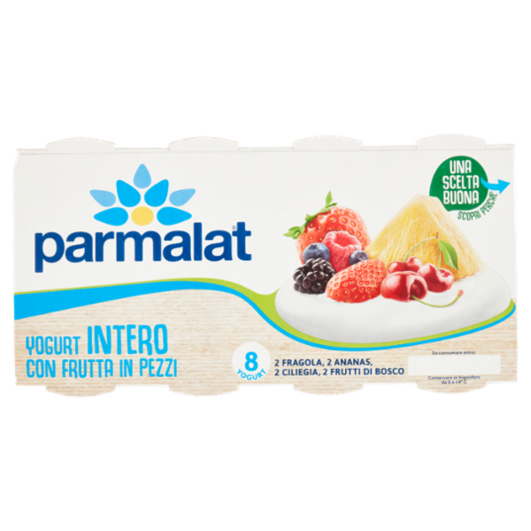 parmalat Yogurt Intero con Frutta in Pezzi 2 Fragola, 2 Ananas, 2 Ciliegia, 2 Frutti di Bosco 8x125g