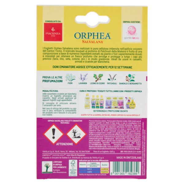 Orphea Salvalana Foglietti per Cassetti e Armadi al Profumo di Patchouli della Malesia 12 pz