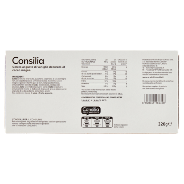 Consilia Dessert Gelato Vaniglia con Copertura al Cacao Magro 320 g