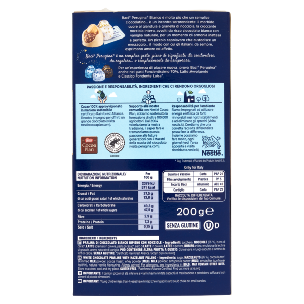BACI PERUGINA Bianco Cioccolatini ripieni al gianduia e nocciola intera scatola 200g