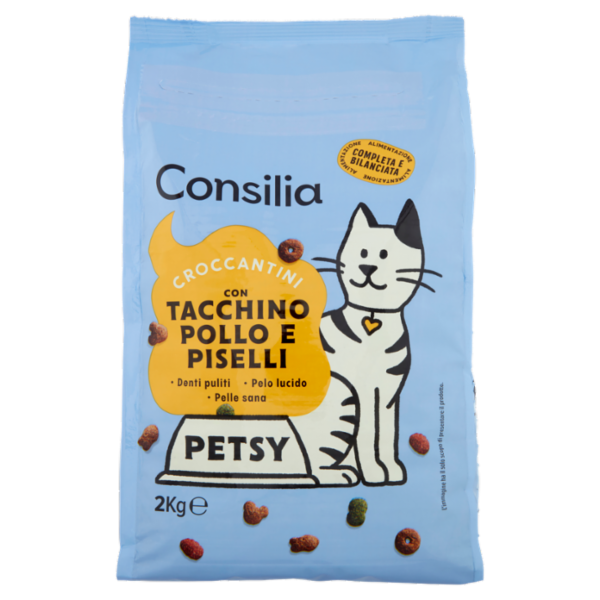 Consilia Petsy Gatto Croccantini con Tacchino, Pollo e Piselli 2 kg