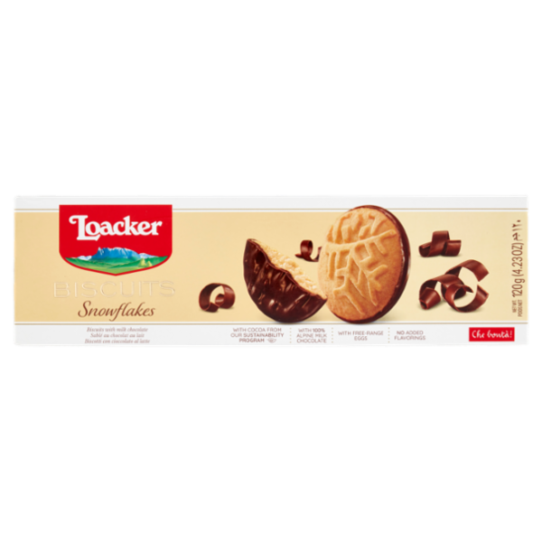 Loacker Biscuits Snowflakes Biscotti con cioccolato al latte 100% alpino decorati 120g