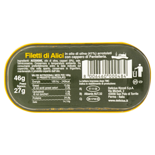 Delicius Filetti di Alici in olio di oliva arrotolati con cappero di Pantelleria 46 g