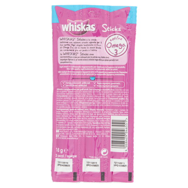 Whiskas Sticks Snack Gatto ricco di Salmone 3 pezzi 18 g