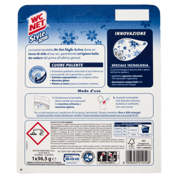 Wc Net - Tavoletta Style Active, Detergente Igienizzante Solido per WC, Pink Harmony, 1 Pezzo