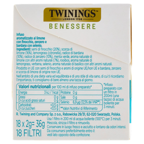 Twinings Benessere Antiossidante Infuso Aromatizzato Limone con Finocchio, Zenzero e Bardana 18 x 2g