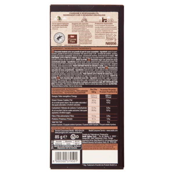 PERUGINA NERO Fondente Extra Semi di Cacao Tavoletta Cioccolato Fondente 85g