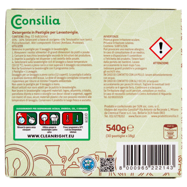 Consilia Detersivo per Lavastoviglie Pastiglie Tutto in 1 Ecologico 30x18 g