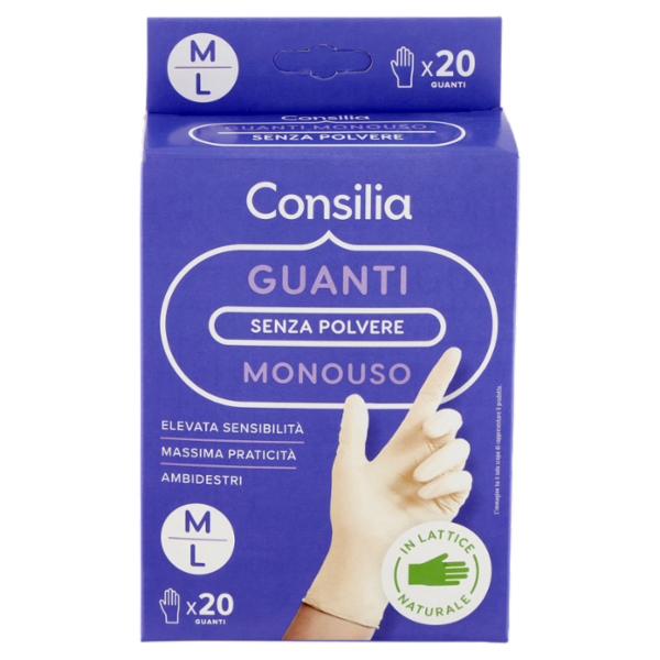 Consilia Guanti Monouso in Lattice Naturale senza Polvere Taglia M/L 20 pz