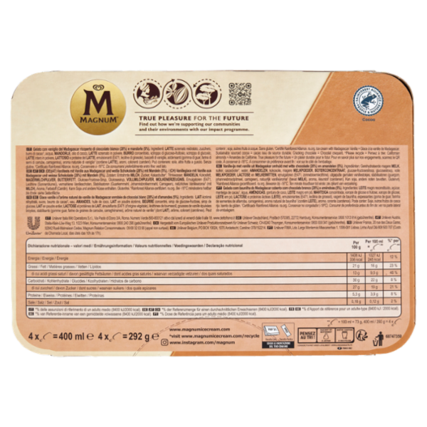 Magnum White Chocolate Almond 4 Gelati 292 g