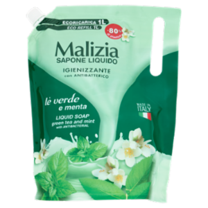 Malizia Sapone Liquido Igienizzante Con Antibatterico Tè Verde e Menta Ecoricarica 1000 ML