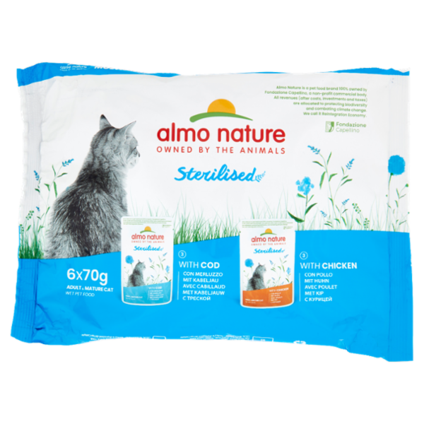 almo nature Sterilised Adult & Mature Cat 3 con Merluzzo, 3 con Pollo 6 x 70 g