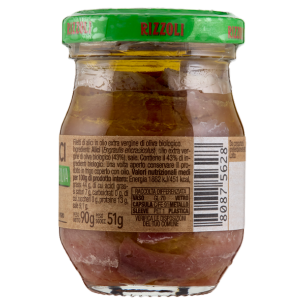 Rizzoli Filetti di Alici in Olio Extra Vergine d'Oliva Biologico 90 g