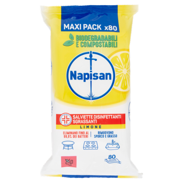 Napisan Salviette Disinfettanti Sgrassanti Limone Biodegradabili 80 pz