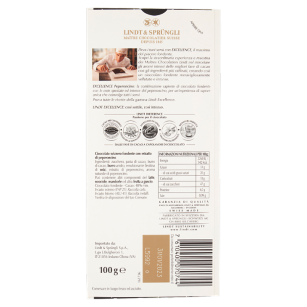 Lindt Excellence Tavoletta Cioccolato Fondente Peperoncino 100 g