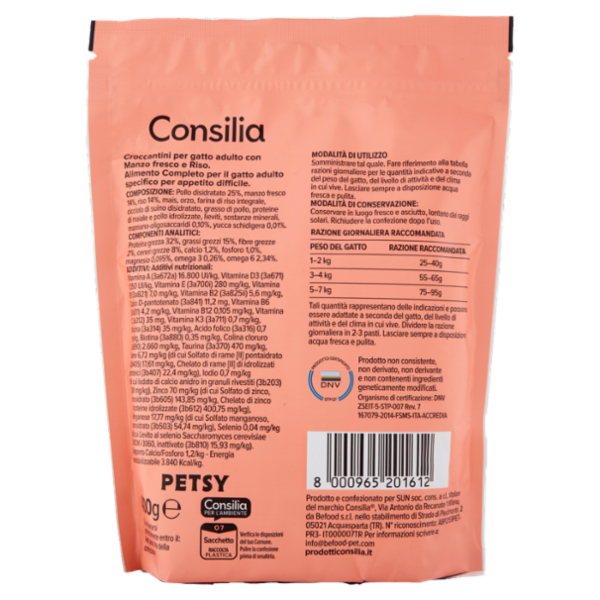 Consilia Petsy Gatto Appetito Difficile Croccantini con Manzo Fresco e Riso 400 g