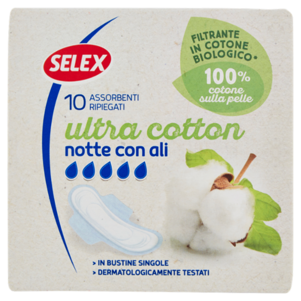 Selex Assorbenti Notte con Ali in Cotone Biologico in Bustine Singole 10 pezzi
