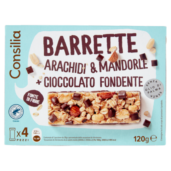 Consilia Barrette di Cereali con Arachidi, Mandorle e Cioccolato Fondente 4x30 g