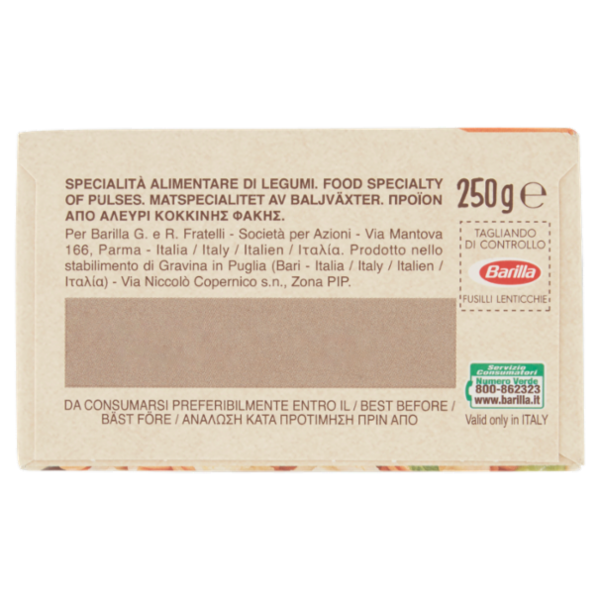 Barilla Pasta ai Legumi Fusilli di Lenticchie Rosse 100% Farina di Legumi 250g