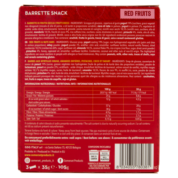 Somerset Super Nutty Bars Red Fruits Barrette Snack 3 x 35 g