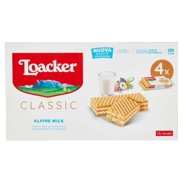 Loacker Wafer Classic Alpine Milk Wafers con crema al latte alpino non OGM 4 x 45 g