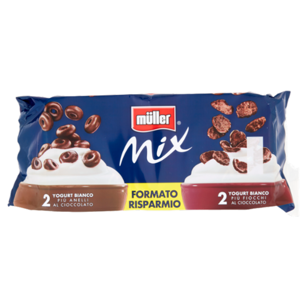 müller Mix Yogurt Bianco Più Anelli al Cioccolato + Yogurt Bianco Più Fiocchi al Cioccolato 4 x 150g