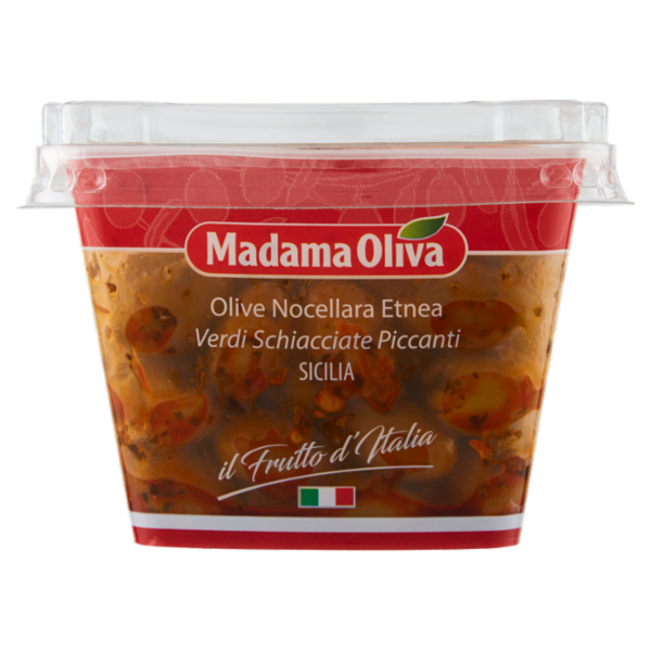 Madama Oliva il Frutto d'Italia Olive Nocellara Etnea Verdi Schiacciate Piccanti 250 g