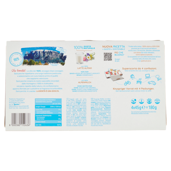 Loacker Wafer Classic Alpine Milk Wafers con crema al latte alpino non OGM 4 x 45 g