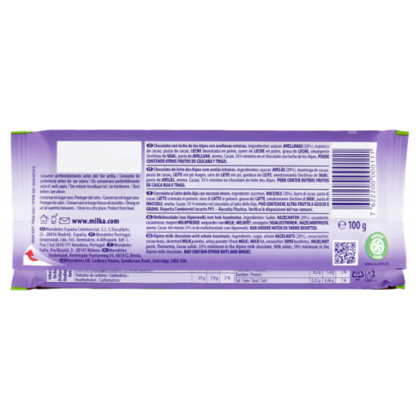Milka Nocciolato, tavoletta di cioccolato al latte 100% Alpino con nocciole intere - 100g