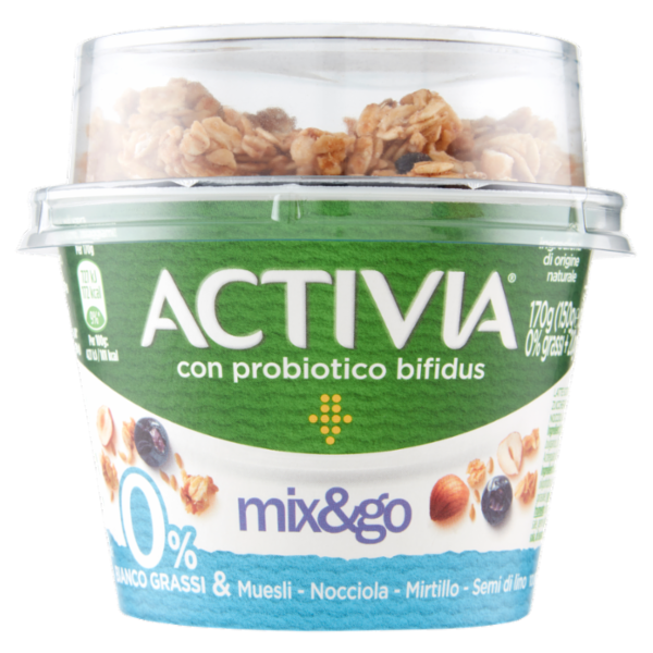 ACTIVIA Mix&Go con Probiotico Bifidus, 0% Grassi, Yogurt con Muesli, Nocciola, Mirtillo, Semi 170g